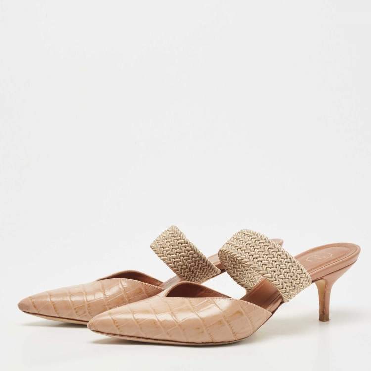 Pre Owned Malone Souliers Beige Croc Embossed Leather Maisie Mules Size 38