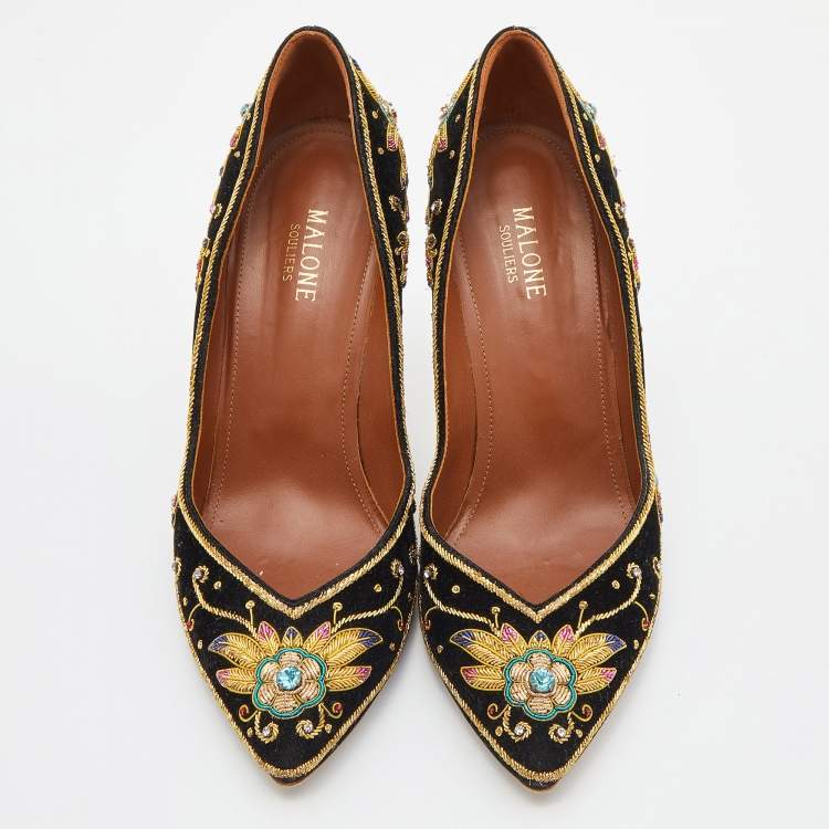 Pre Owned Malone Souliers Black Velvet Crystal Embroidered Pointed Toe Pumps Size 41