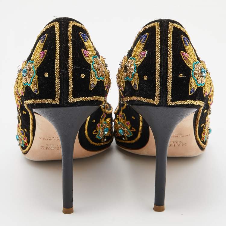 Pre Owned Malone Souliers Black Velvet Crystal Embroidered Pointed Toe Pumps Size 41
