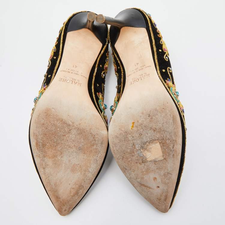 Pre Owned Malone Souliers Black Velvet Crystal Embroidered Pointed Toe Pumps Size 41