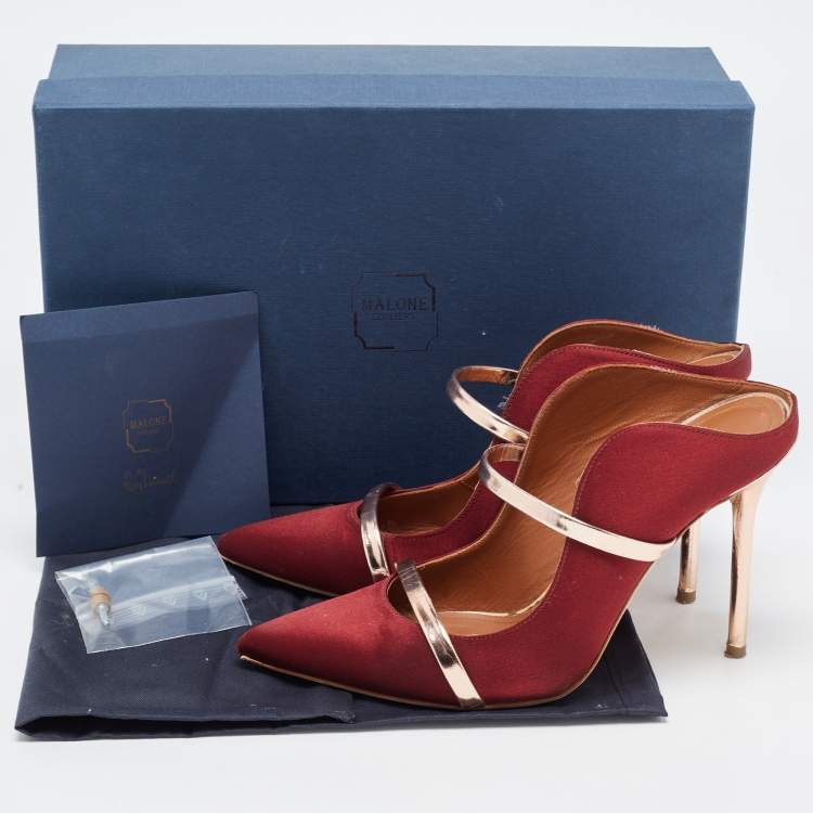 Pre Owned Malone Souliers Burgundy/Gold Satin Maureen Pumps Size 38