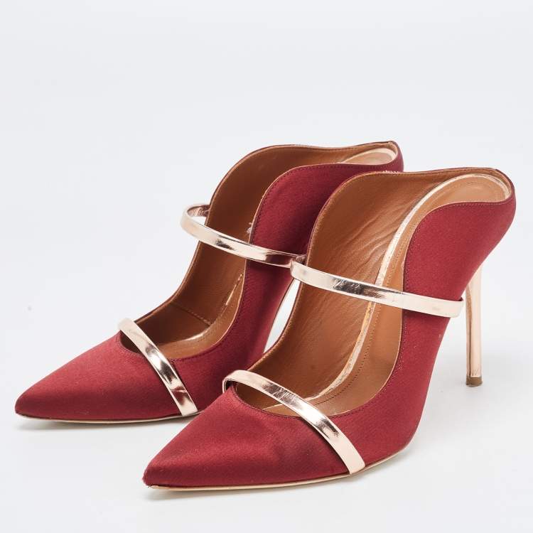 Pre Owned Malone Souliers Burgundy/Gold Satin Maureen Pumps Size 38
