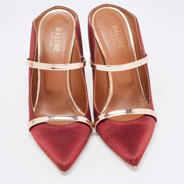 Pre Owned Malone Souliers Burgundy/Gold Satin Maureen Pumps Size 38