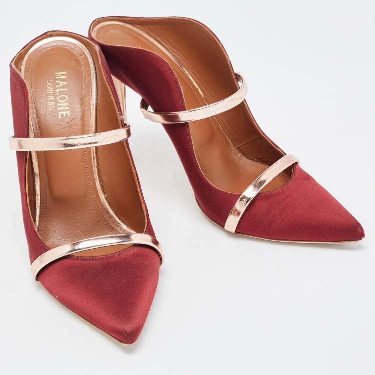 Pre Owned Malone Souliers Burgundy/Gold Satin Maureen Pumps Size 38