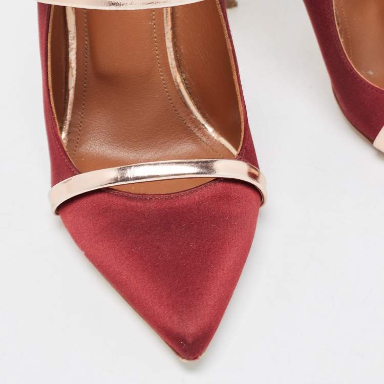 Pre Owned Malone Souliers Burgundy/Gold Satin Maureen Pumps Size 38