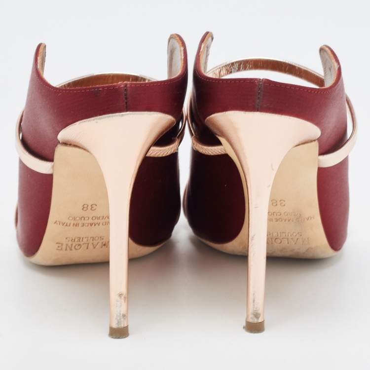 Pre Owned Malone Souliers Burgundy/Gold Satin Maureen Pumps Size 38