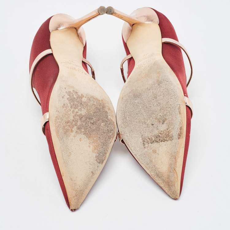 Pre Owned Malone Souliers Burgundy/Gold Satin Maureen Pumps Size 38