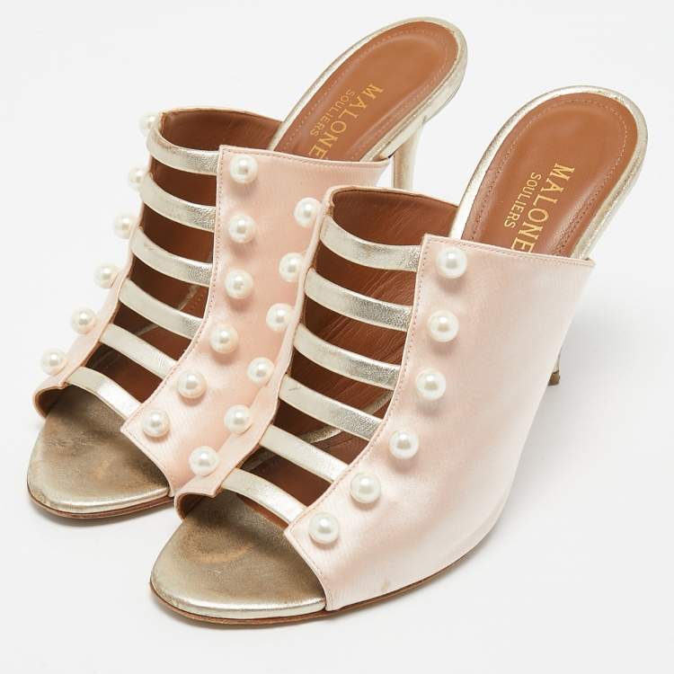 Pre Owned Malone Souliers Pink/Gold Leather And Satin Zada Mules Size 40