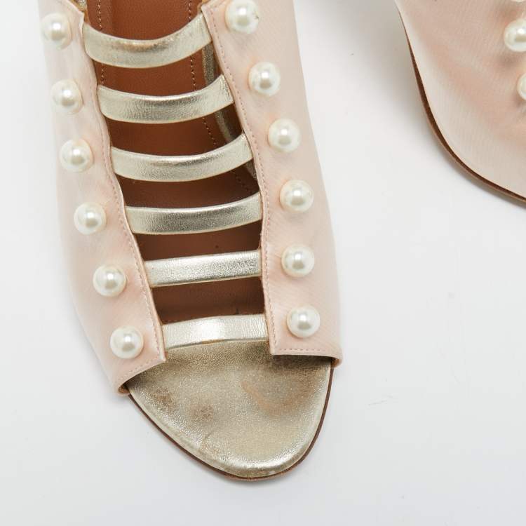 Pre Owned Malone Souliers Pink/Gold Leather And Satin Zada Mules Size 40