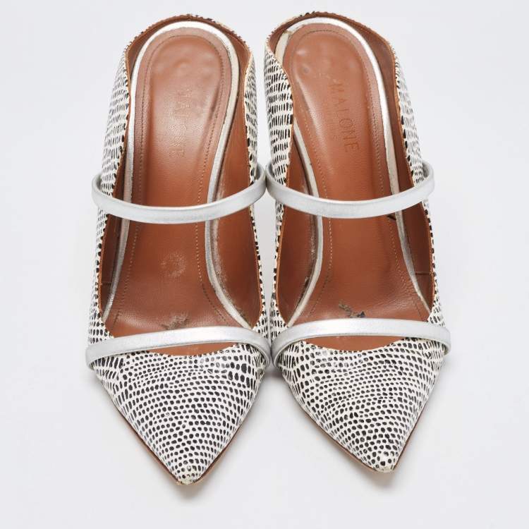 Pre Owned Malone Souliers White/Black Lizard Embossed Leather Maureen Pumps Size 38