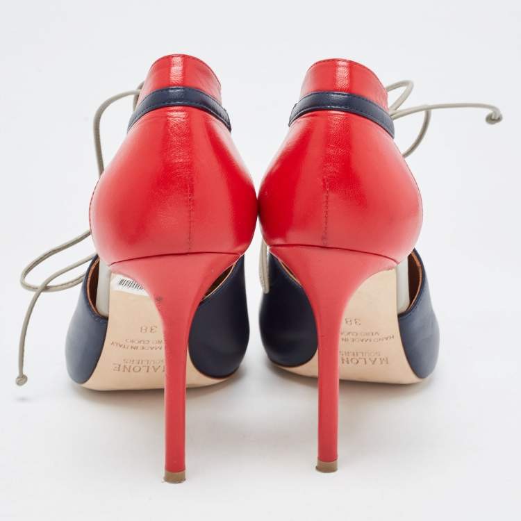 مملوكة مسبقًا Malone Souliers Navy Blue/Red Leather Montana Lace Up Pumps Size 38