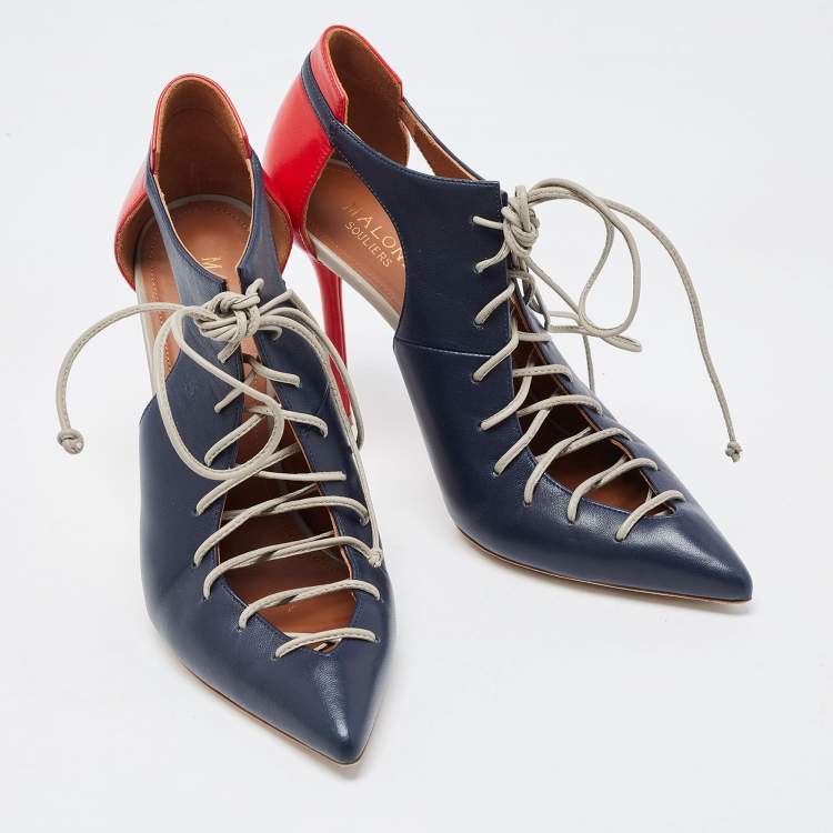 مملوكة مسبقًا Malone Souliers Navy Blue/Red Leather Montana Lace Up Pumps Size 38