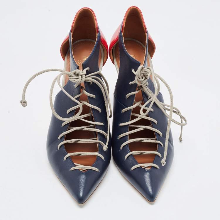 مملوكة مسبقًا Malone Souliers Navy Blue/Red Leather Montana Lace Up Pumps Size 38