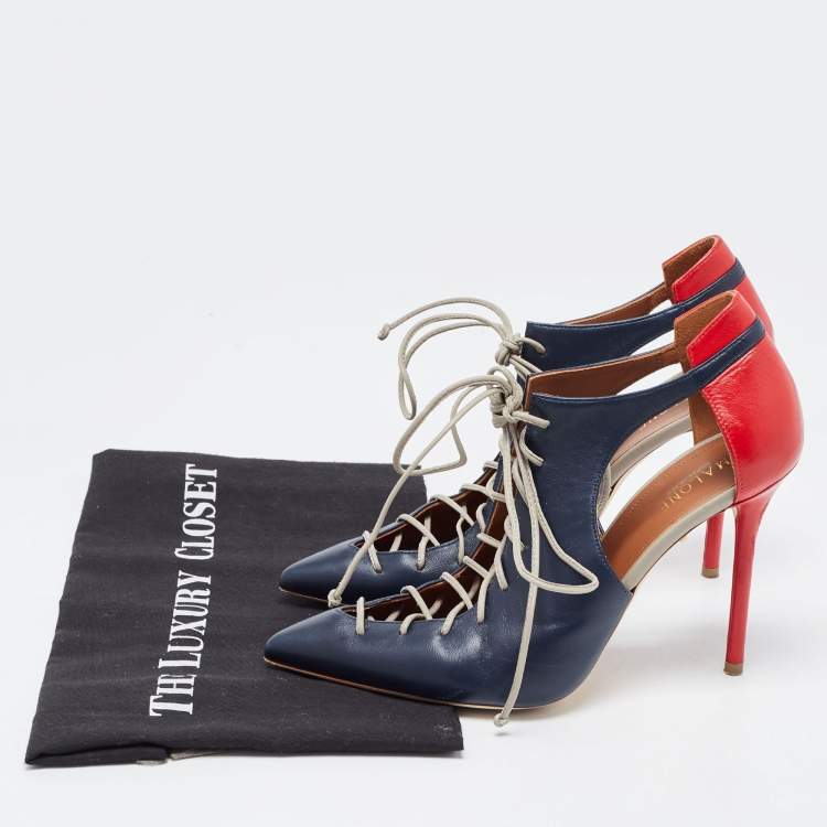 مملوكة مسبقًا Malone Souliers Navy Blue/Red Leather Montana Lace Up Pumps Size 38
