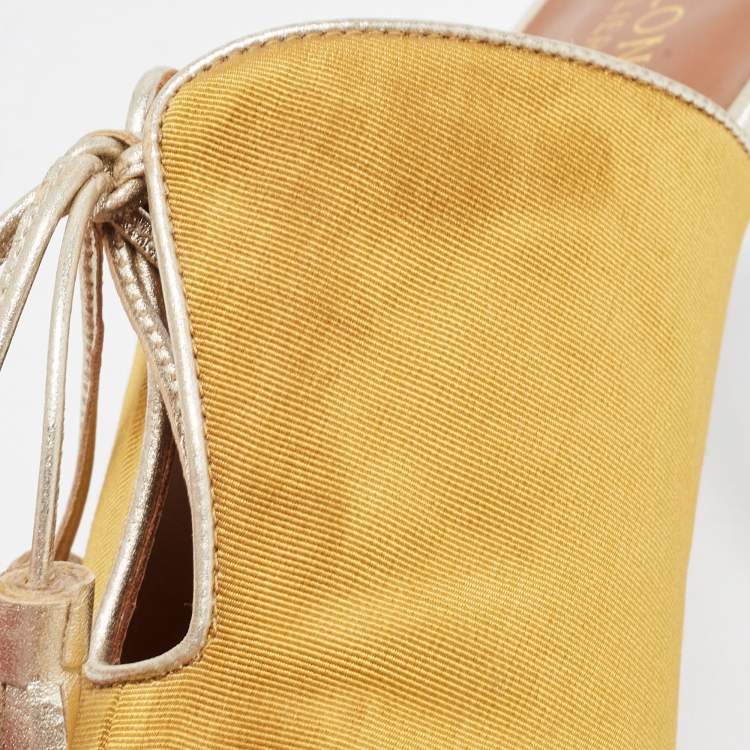 Pre Owned Malone Souliers Yellow Canvas and Leather Peep Toe Lace Up Mules Size 38.5