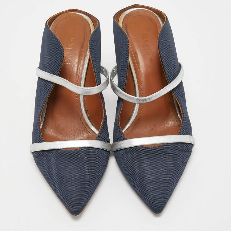 Pre Owned Malone Souliers Navy Blue Canvas Maureen Mule Pumps Size 38