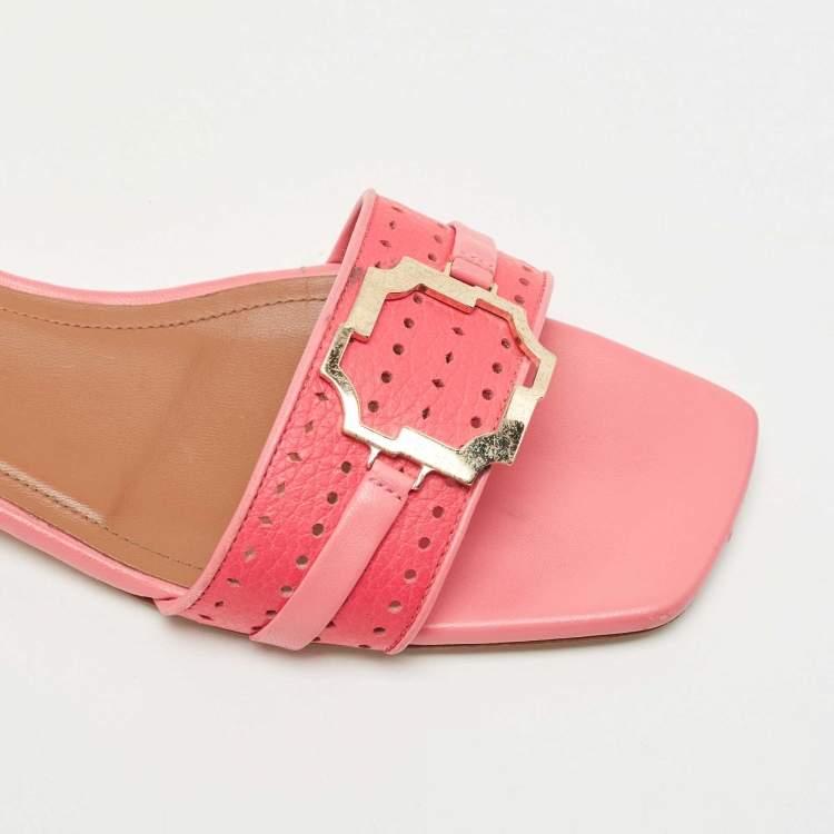 Pre Owned Malone Souliers Pink Leather Coral Perforated Gena Flat Slides Size 38
