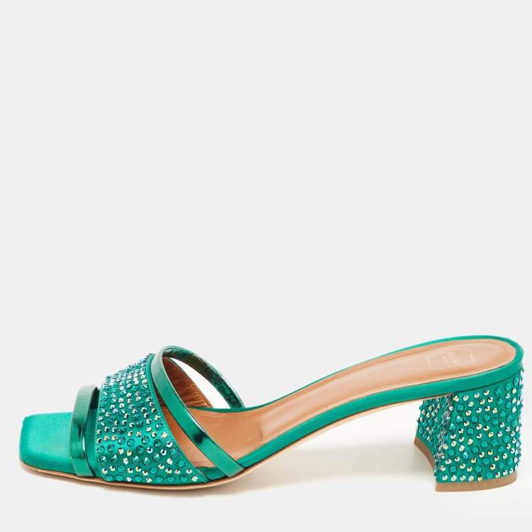 Pre Owned Malone Souliers Green Satin and Leather Embellished Slides Size 39