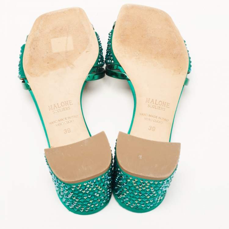 Pre Owned Malone Souliers Green Satin and Leather Embellished Slides Size 39