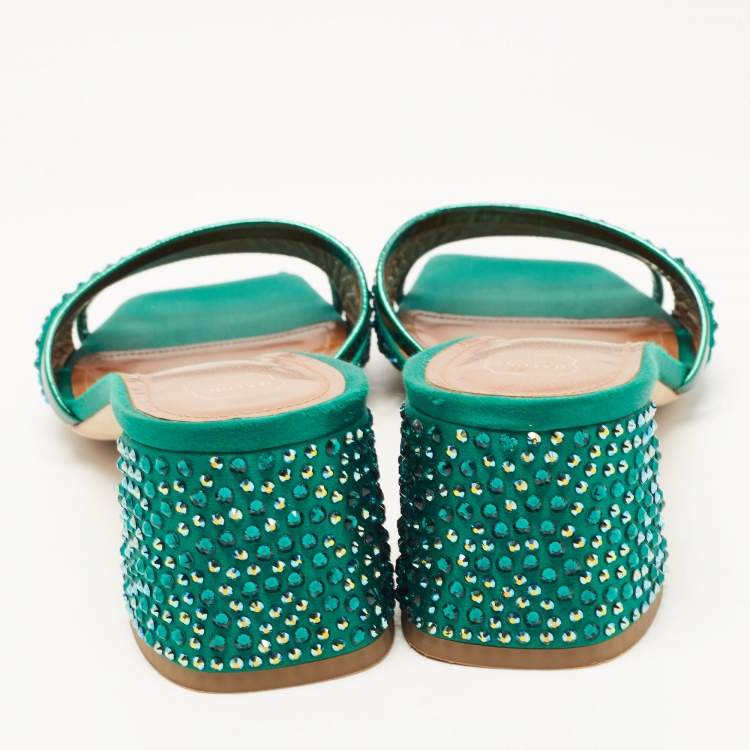 Pre Owned Malone Souliers Green Satin and Leather Embellished Slides Size 39