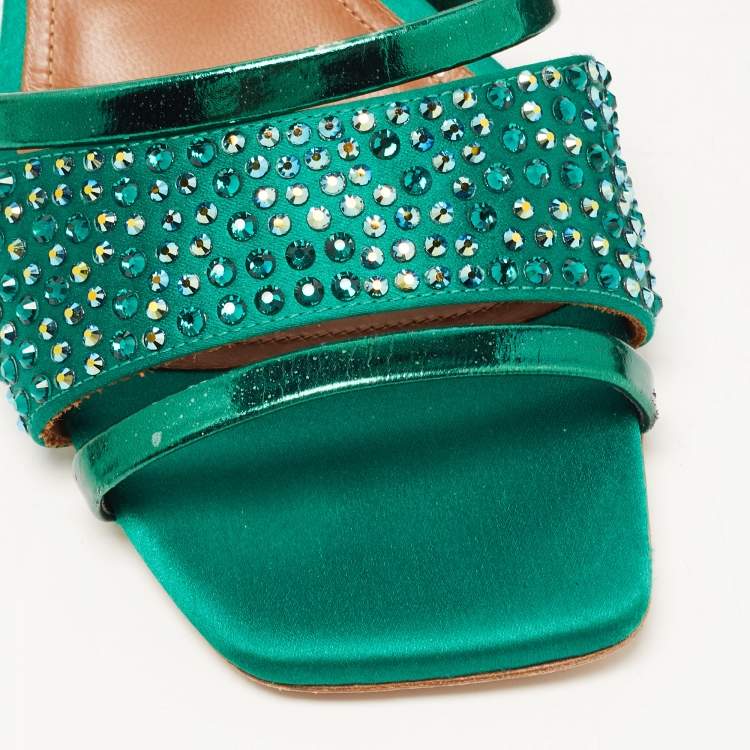 Pre Owned Malone Souliers Green Satin and Leather Embellished Slides Size 39