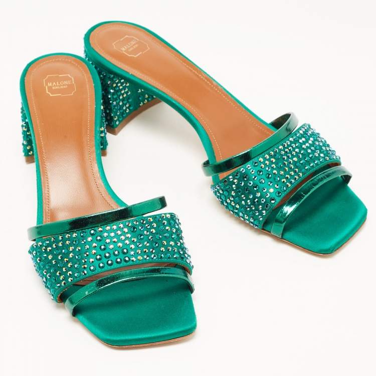 Pre Owned Malone Souliers Green Satin and Leather Embellished Slides Size 39
