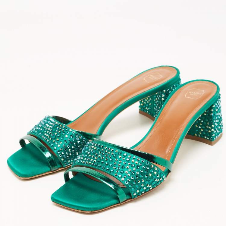 Pre Owned Malone Souliers Green Satin and Leather Embellished Slides Size 39