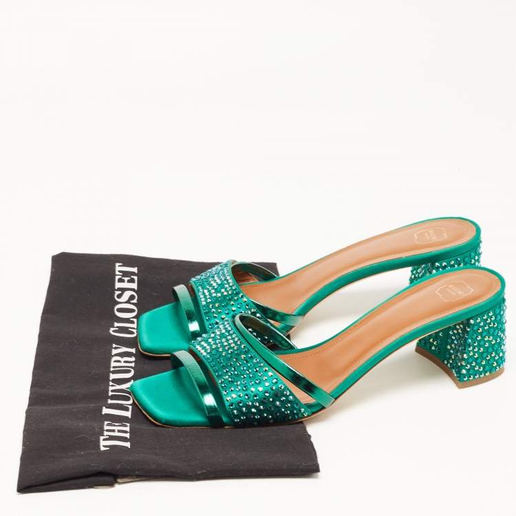 Pre Owned Malone Souliers Green Satin and Leather Embellished Slides Size 39