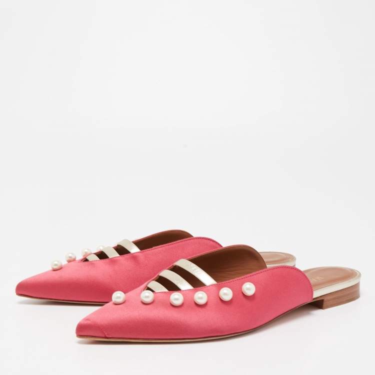 Pre Owned Malone Souliers Pink Satin Zelda Flat Mules Size 38.5