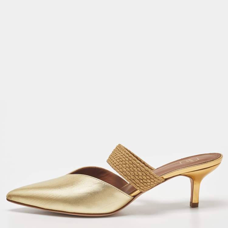 Pre Owned Malone Souliers Gold Leather Maisie Pointed Toe Mules Size 38.5