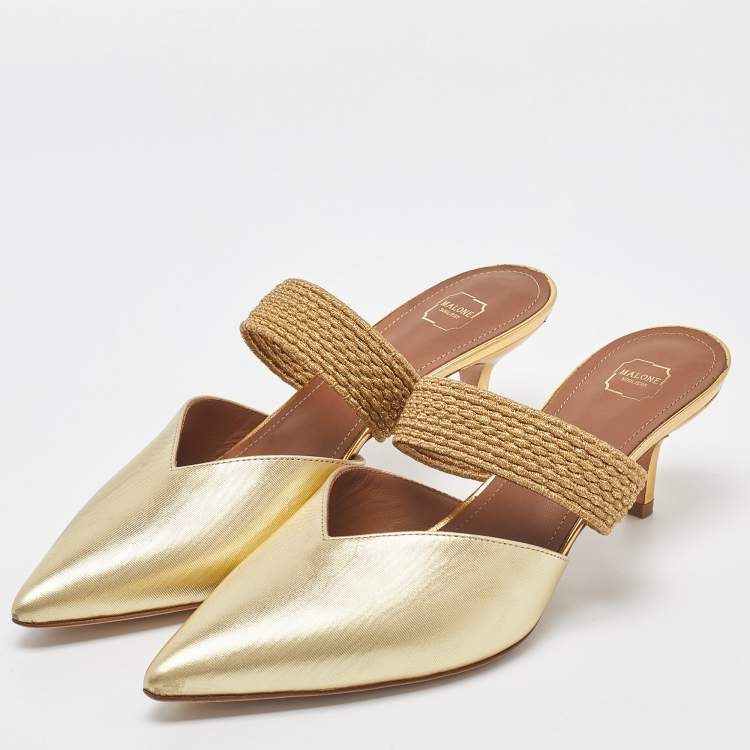 Pre Owned Malone Souliers Gold Leather Maisie Pointed Toe Mules Size 38.5