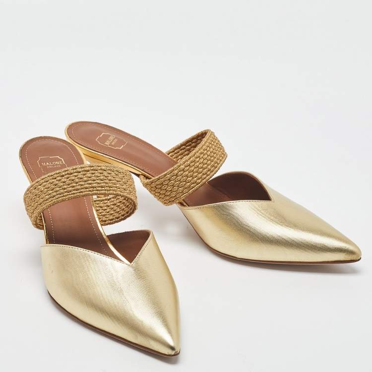 Pre Owned Malone Souliers Gold Leather Maisie Pointed Toe Mules Size 38.5