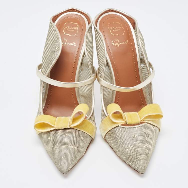 Pre Owned Malone Souliers Metallic Mesh and Leather Marguerite Bow Mules Size 38.5
