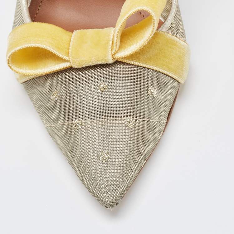 Pre Owned Malone Souliers Metallic Mesh and Leather Marguerite Bow Mules Size 38.5