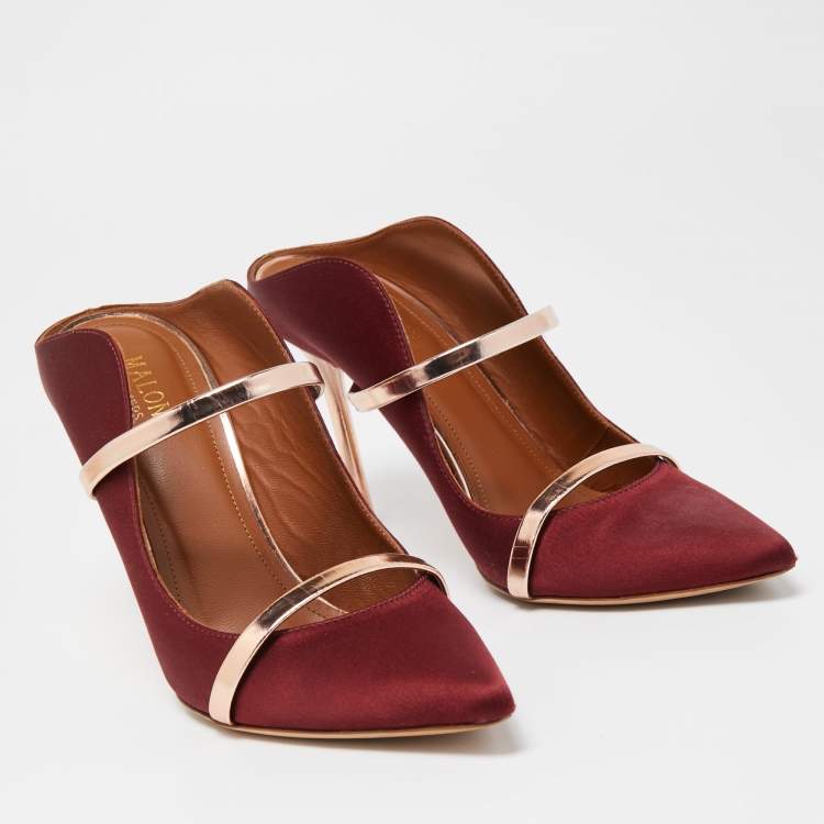 Pre Owned Malone Souliers Burgundy Satin Maureen Pointed Toe Mules Size 37.5