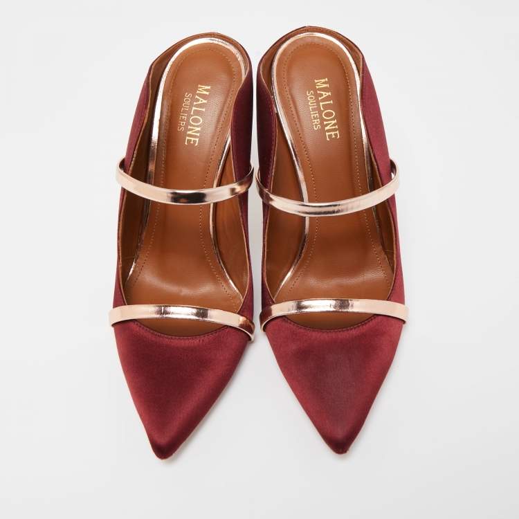 Pre Owned Malone Souliers Burgundy Satin Maureen Pointed Toe Mules Size 37.5