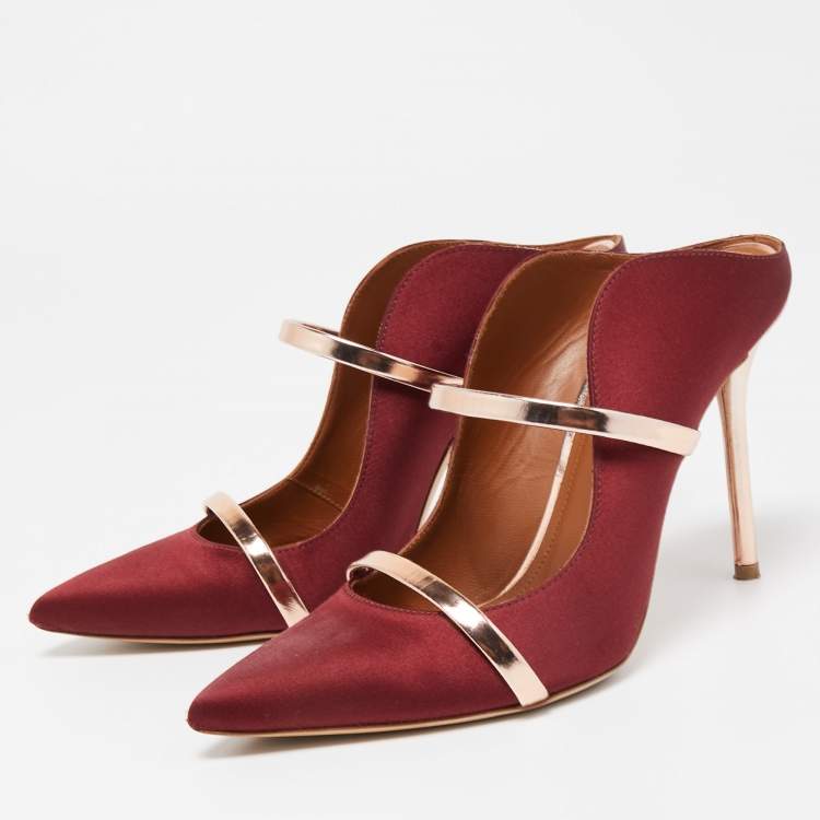 Pre Owned Malone Souliers Burgundy Satin Maureen Pointed Toe Mules Size 37.5