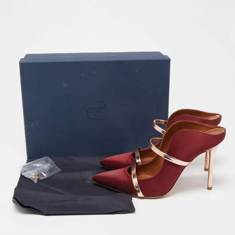 Pre Owned Malone Souliers Burgundy Satin Maureen Pointed Toe Mules Size 37.5