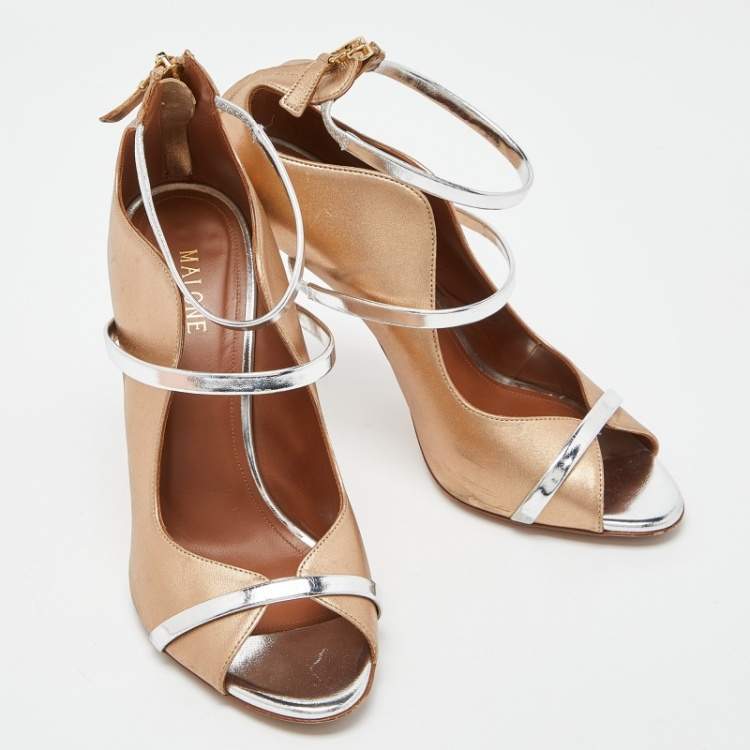 Pre Owned Malone Souliers Gold/Silver Leather Mika Triple Band Peep Toe Pumps Size 39