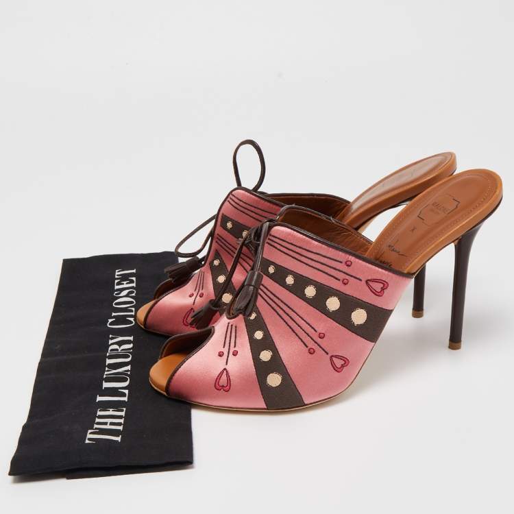 Pre Owned Malone Souliers x Natalia Vodianova Pink/Brown Satin Embroidered Open Toe Mules Size 41