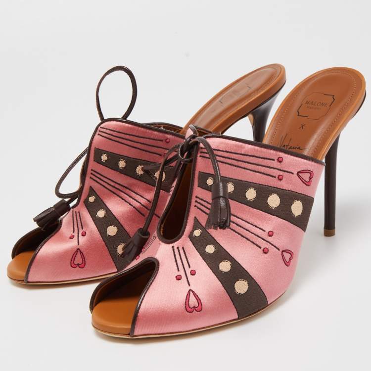 Pre Owned Malone Souliers x Natalia Vodianova Pink/Brown Satin Embroidered Open Toe Mules Size 41