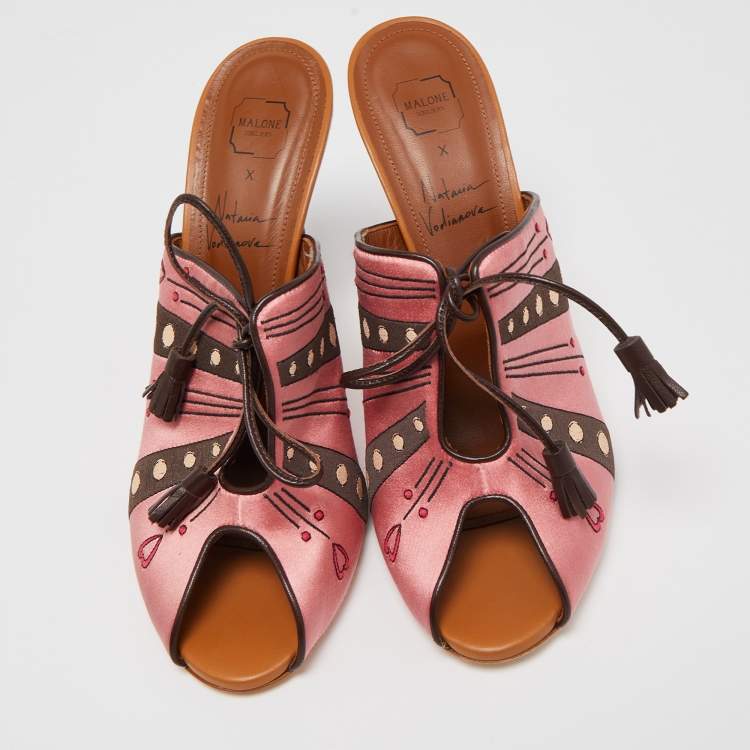 Pre Owned Malone Souliers x Natalia Vodianova Pink/Brown Satin Embroidered Open Toe Mules Size 41