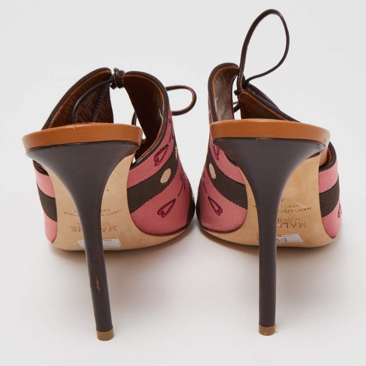 Pre Owned Malone Souliers x Natalia Vodianova Pink/Brown Satin Embroidered Open Toe Mules Size 41