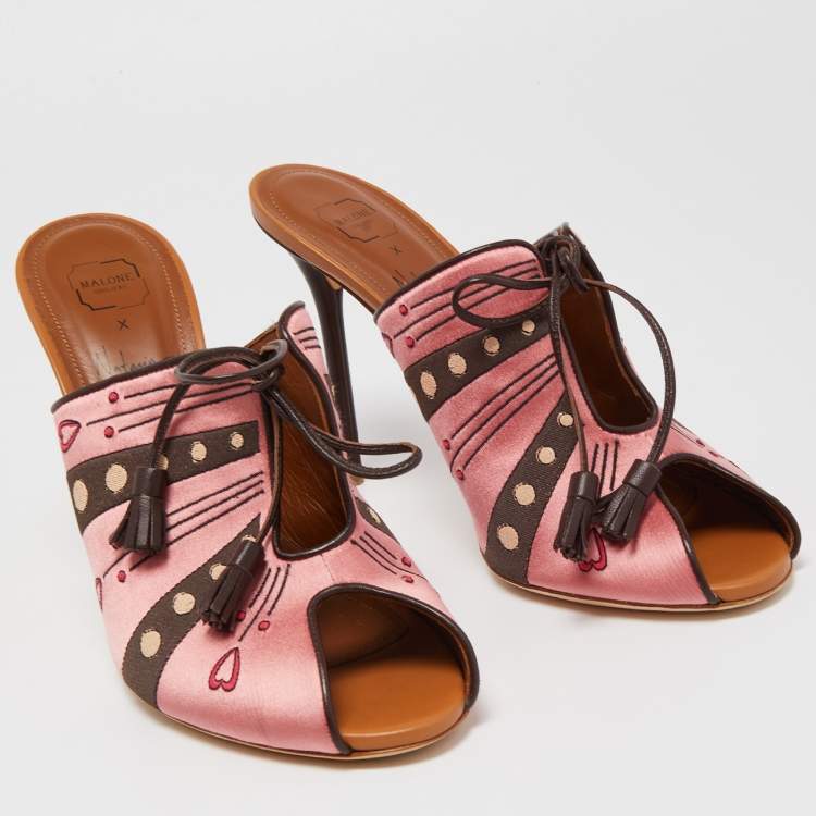 Pre Owned Malone Souliers x Natalia Vodianova Pink/Brown Satin Embroidered Open Toe Mules Size 41