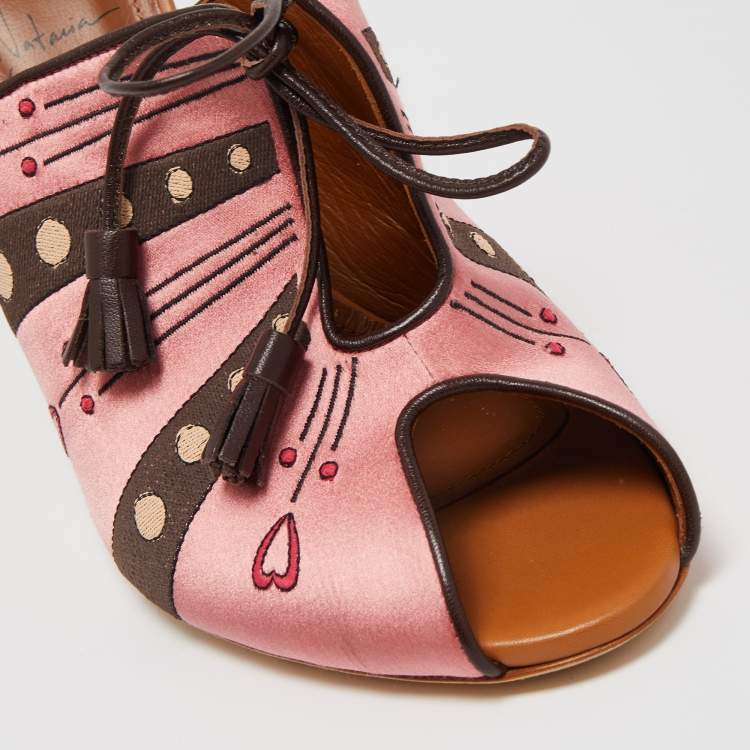 Pre Owned Malone Souliers x Natalia Vodianova Pink/Brown Satin Embroidered Open Toe Mules Size 41