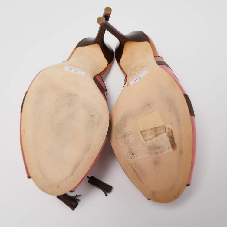 Pre Owned Malone Souliers x Natalia Vodianova Pink/Brown Satin Embroidered Open Toe Mules Size 41