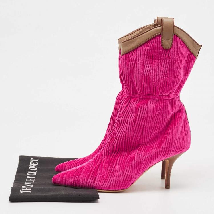 Pre Owned Malone Souliers Pink/Brown Pleated Velvet and Leather Daisy Mid Calf Boots Size 37.5