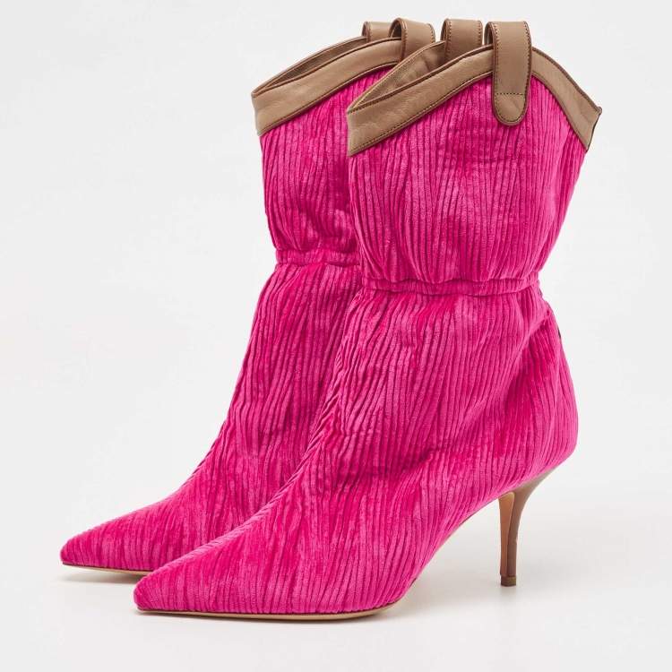 Pre Owned Malone Souliers Pink/Brown Pleated Velvet and Leather Daisy Mid Calf Boots Size 37.5