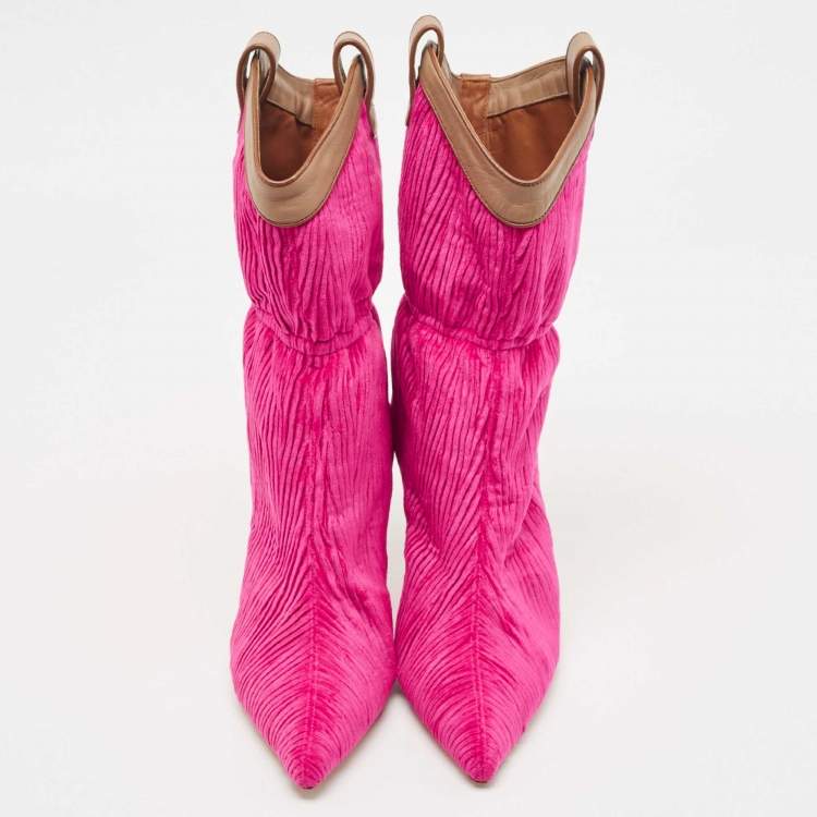 Pre Owned Malone Souliers Pink/Brown Pleated Velvet and Leather Daisy Mid Calf Boots Size 37.5