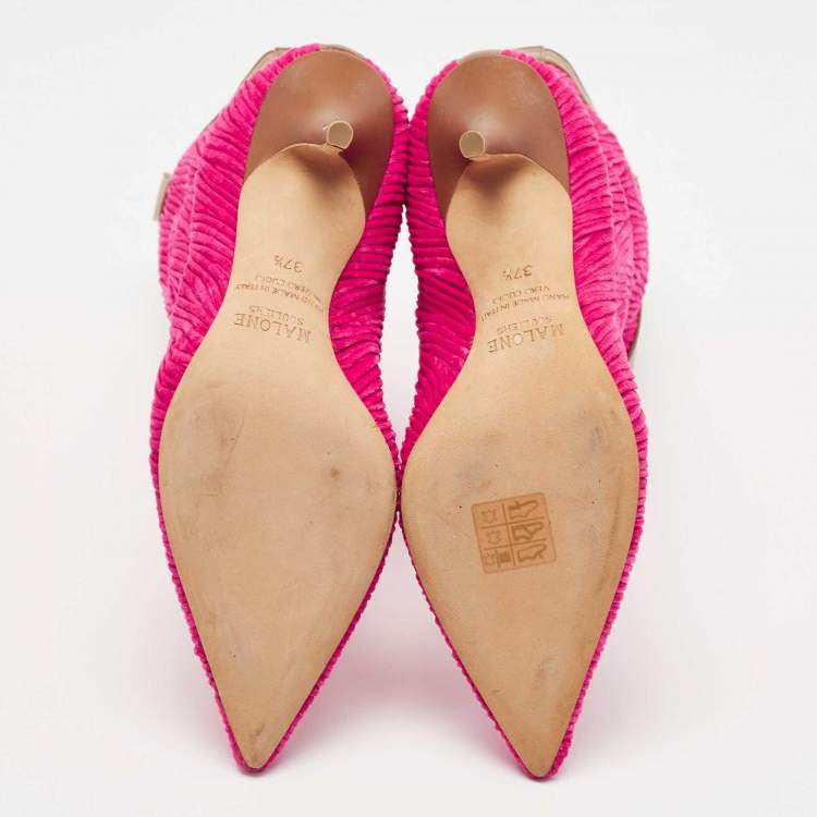 Pre Owned Malone Souliers Pink/Brown Pleated Velvet and Leather Daisy Mid Calf Boots Size 37.5